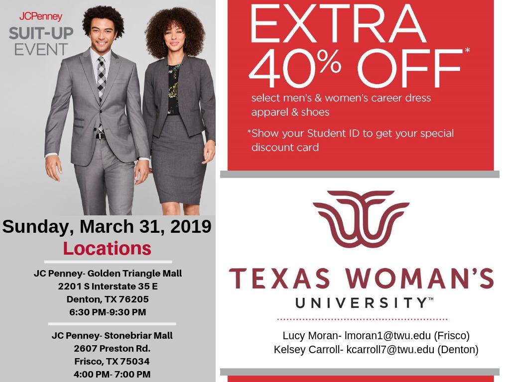ALL TWU STUDENTS, FACULTY, STAFF, ALUMNI: 
You are invited to attend Pioneer Suit-Up! Receive an EXTRA 40% off men's and women's career dress apparel, accessories, and shoes. Exclusively for the TWU community! Make sure to bring your Student ID card! 
#PioneerSuitUp #AllAtJCP