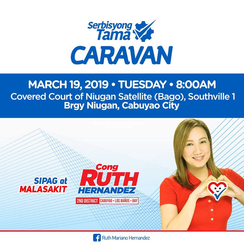 Magkita-kita po tayo sa ating Serbisyong Tama Caravan na gaganapin sa Niugan Satellite (Bago) Covered Court, Southville 1, Brgy. Niugan, Cabuyao City bukas Marso 19, 2019, ganap na ika-8 ng umaga. 
#SerbisyongTamaCaravan
#CongRuthHernandez
#SipagAtMalasakit