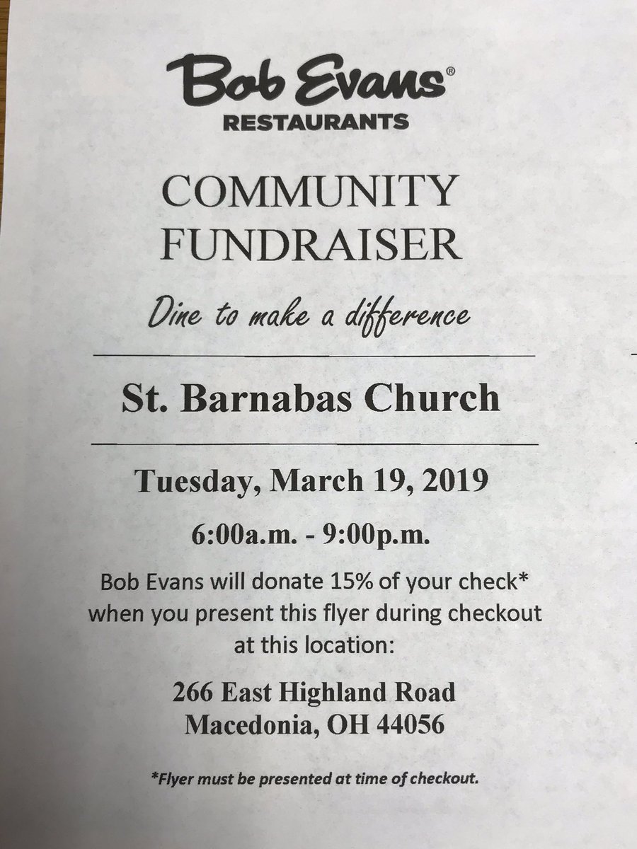 Dining to Donate Day Tuesday at Bob Evans. Please help our St. Vincent de Paul ministry assist Nordonia families in need with groceries, utilities and more this Easter season. The need is greater than ever. Thank you!