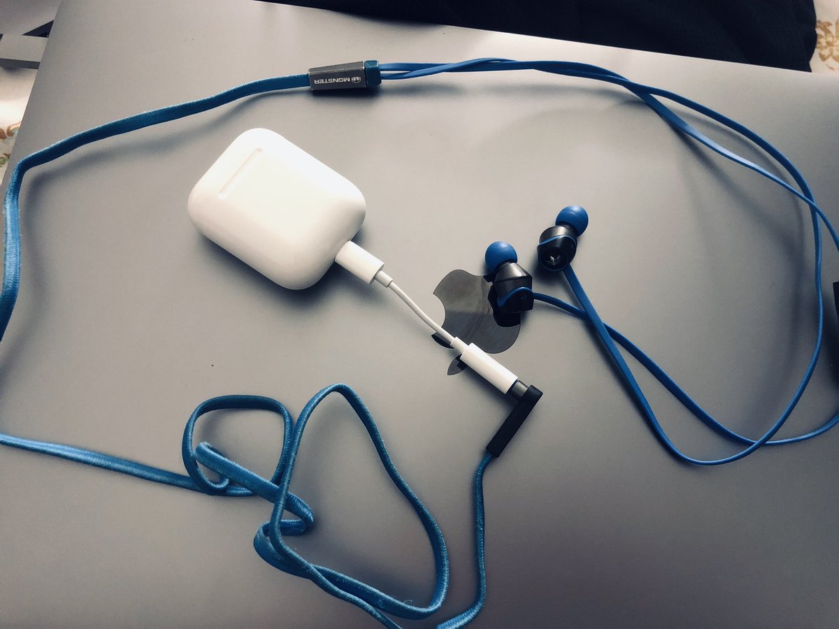 jayuthaker's tweet image. What if #Apple #airpods2 also stream sound to wired headphones 🎧 two users can listen to same stuff.. 😅