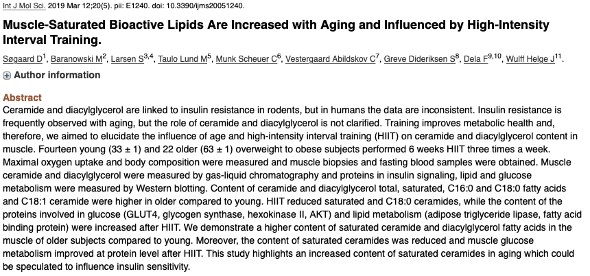 BenBikmanPhD's tweet photo. Ceramides are a critical mediator of muscle #insulinresistance and are increased in muscle with #agining. This study finds that exercise improves IR and reduces muscle ceramides--all good. https://t.co/BhlWjnK2Zu