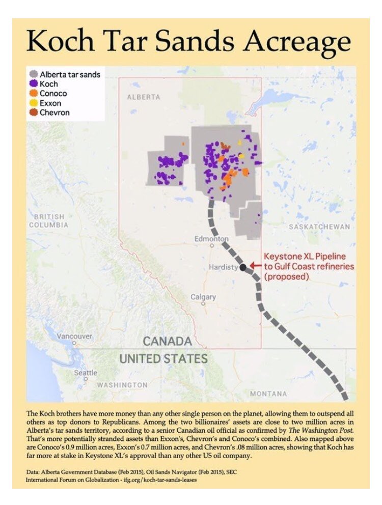 The International Forum on Globalization released new maps yesterday of tar sands assets in Alberta, Canada. The maps clarify the connection between the proposed Keystone XL pipeline and the Koch Brothers, who are top donors to the Republican Party  https://www.ecowatch.com/new-map-shows-kochs-connection-to-keystone-1882016263.amp.html