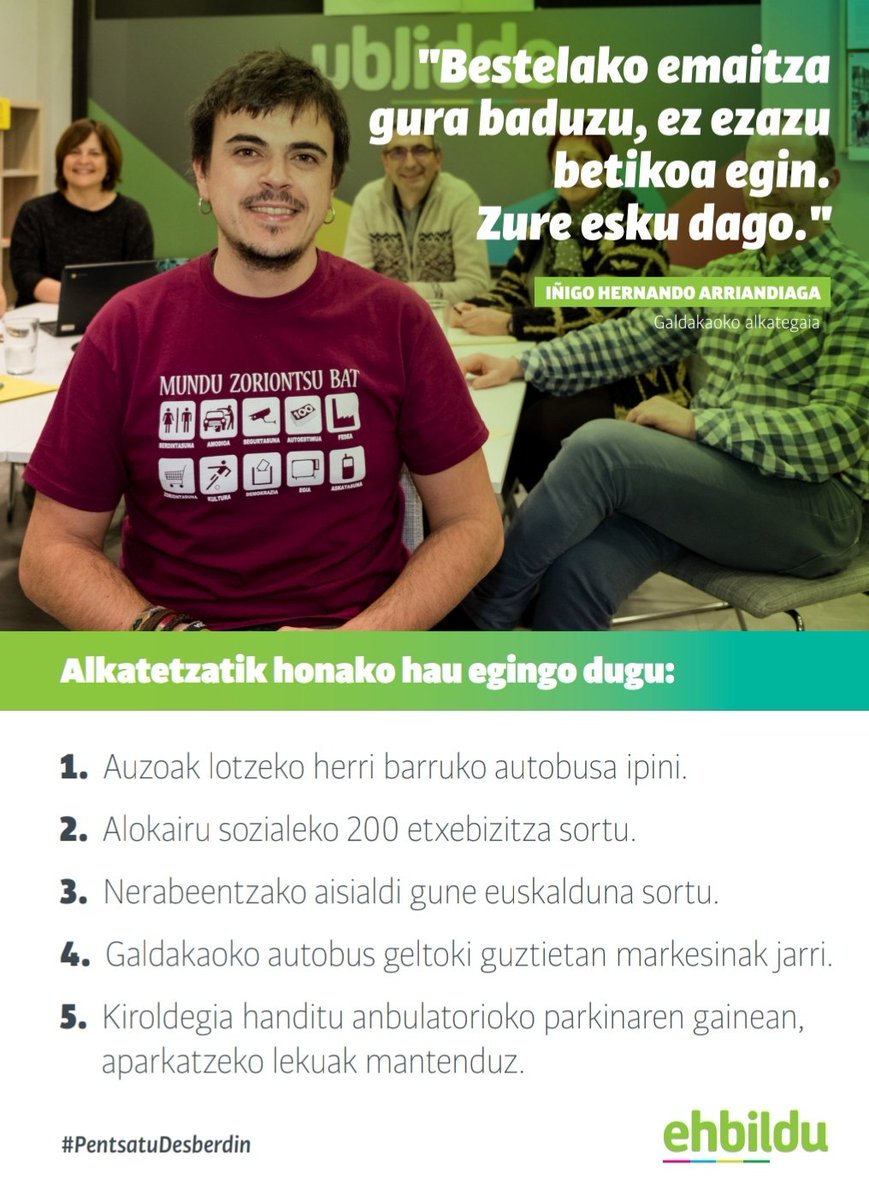 Desdela alcaldia vamos a:
4. Crear 200 viviendas de alquiler social
5. Renovar la iluminacion de las calles.
6. Poner en marcha un autobús para unir los barrios.
7.Crear un espacio de ocio euskaldun para los adolescentes.
#piensadiferente #iñigoalkate #entretodxs #Galdakao