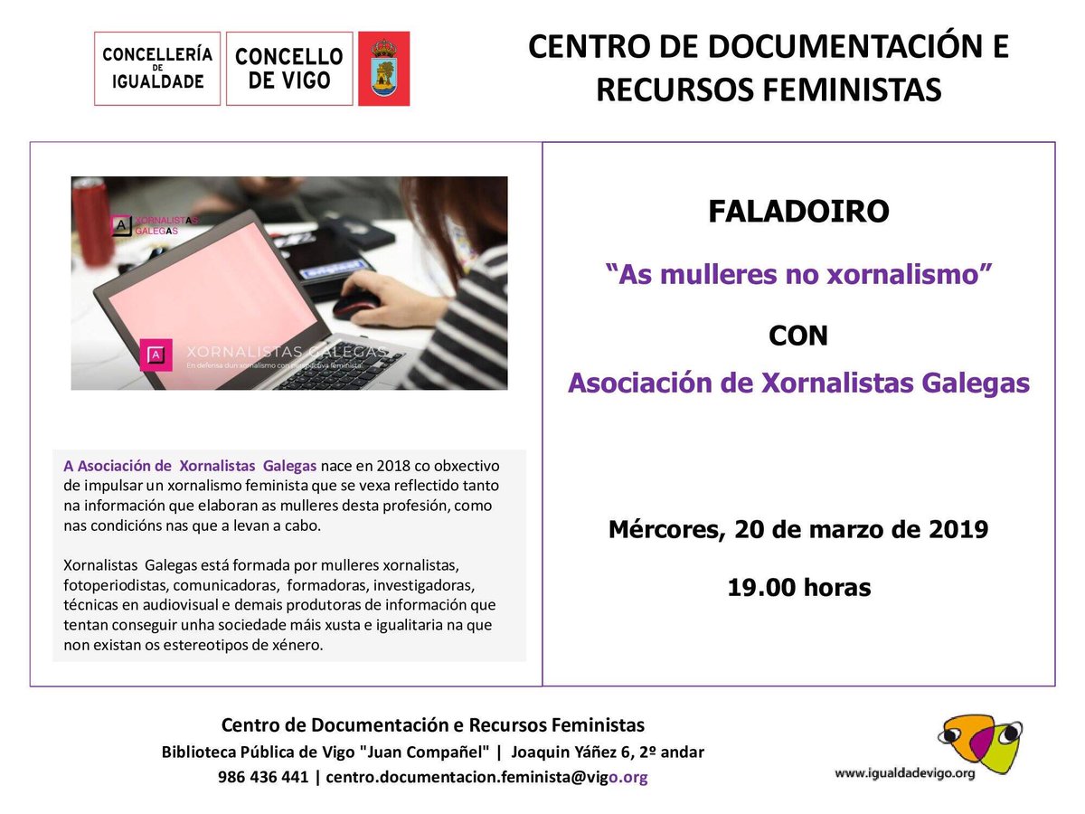 O mércores temos unha cita en #Vigo ás 19:00 horas!! O Centro de Documentación e Recursos Feministas invítanos a un coloquio sobre as mulleres no xornalismo. Vémonos! #oxornalismoseráfeminstaounonserá @igualdadevigo #XornalistasGalegas