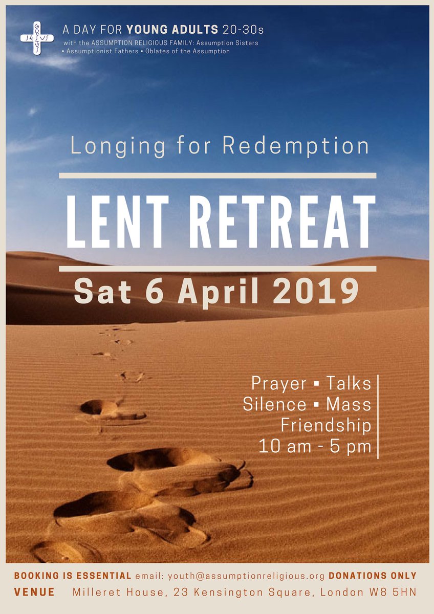 AssumptionRA's tweet photo. LONGING FOR  REDEMPTION #Lent #retreat for young adults on Sat 6th April in Kensington with the #AssumptionSisters and #Assumptionists  
Spread the word and get in touch to register! https://t.co/Swwlgpqy1w
