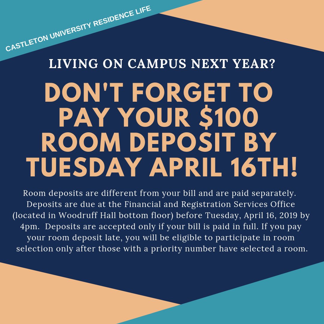 HomeAtCastleton's tweet image. Room deposits are due by Tuesday April 16th! Head over to Financial and Registration Services to pay it!