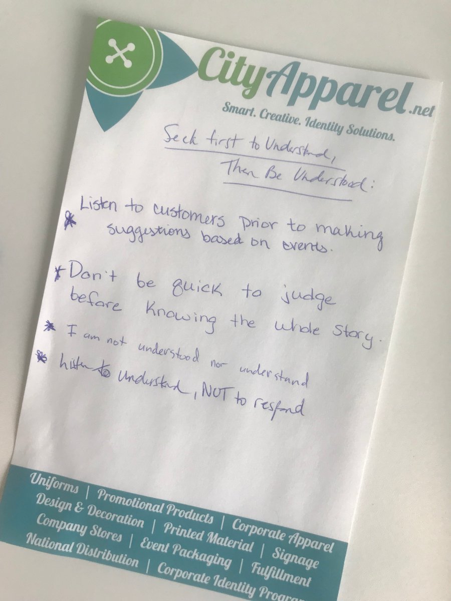 FHSTrojanGear's tweet image. The City Apparel Team started off their Monday by covering #5 of the 7 Habits of Highly Effective People. Habit #5: Seek first to understand...then be understood. #TeamMeeting #MondayMotivation #LiveYourBestLife #Priorities