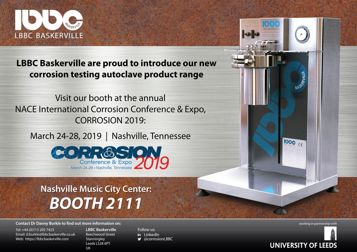 corrosionLBBC's tweet photo. One week until the brilliant annual NACE International Corrosion Conference &amp; Expo. We are excited to discuss our vision with you; join us to find out more and to see our new corrosion testing autoclave range! @NACEtweet @iFSLEEDS #corrosion #autoclave #nace https://t.co/wtsogUGmE2