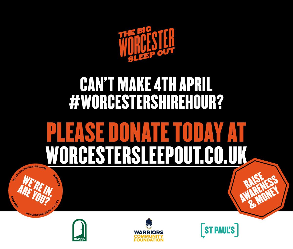 16 days left until The Big Worcester Sleep Out #worcestershirehour!

We still have a few spaces left to join @AndrewGrantLLP <a href="/FisherGerman/">Fisher German</a> <a href="/ArrowXL/">ArrowXL by JP Home - Home Delivery & Warehousing</a> <a href="/WorcsWarriors/">Worcester Warriors</a> @BF_Midlands &amp; more

Can't make it? Donate today at: uk.virginmoneygiving.com/donation-web/c… …

Pls Retweet to help raise awareness!