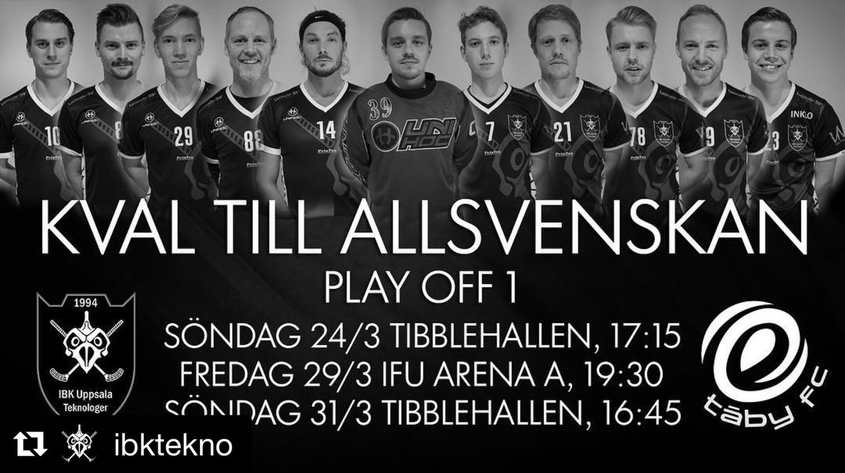 Datumen är satta! Det blir fredagsmys i IFU Arena den 29/3 då <a href="/taby_fc/">Täby FC</a> kommer på besök för match 2! Då hoppas vi att DU är på plats och stöttar oss i jakten på segern! 
Bring it on!!! 🌪🌪🌪
#gotekno #kvalfeber #nufyllervihallen #allsvenskan #h1ös #innebandy #floorball #unihockey