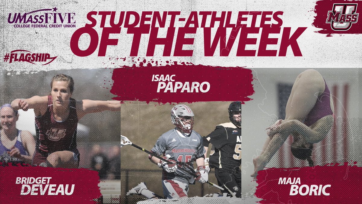UMassAthletics's tweet photo. Our UMass Student-Athletes of the Week, presented by @umassfive ⤵️

▪️ Maja Boric, @UMassWSwimDive
▪️ Bridget Deveau, @UMass_XC_TF
▪️ Isaac Paparo, @UMassMLacrosse

📰 https://t.co/luZFGFh2H4

#Flagship 🚩 https://t.co/xAeeJ2xUhw