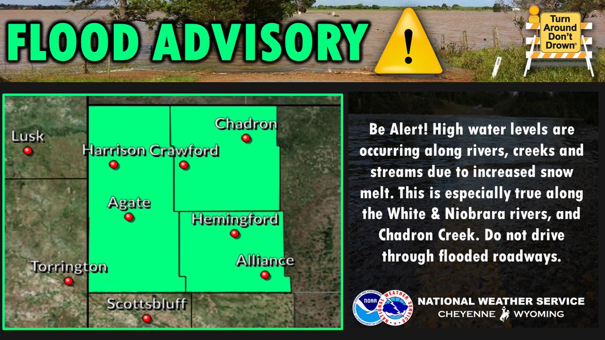 220 PM MDT Mon 3/18 - High water levels are occurring along many rivers, creeks and streams in the northern NE Panhandle due to increased snow melt. A #Flood Advisory is in effect until further notice. #newx