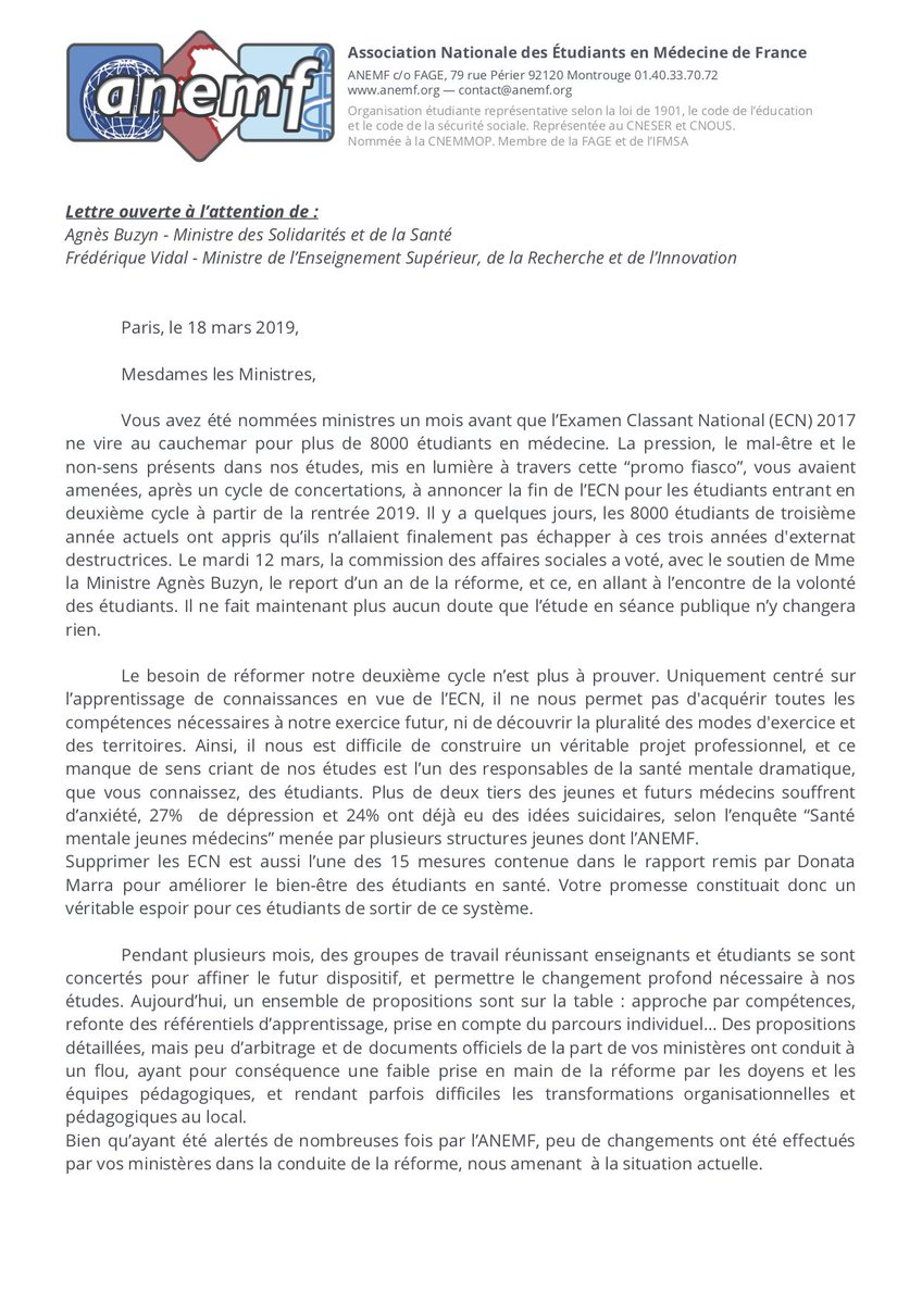 ANEMF's tweet photo. ✉️ Lettre ouverte de l'ANEMF aux ministres @agnesbuzyn et @VidalFrederique 
🛑 Report de la #R2C : Une promesse non tenue, il est urgent de mettre les moyens pour cette réforme par respect pour les étudiants à qui l'on a promis un échappatoire aux ECN.
🔎 https://t.co/vo9oxYMcfN https://t.co/5Rb8R7K8Dt