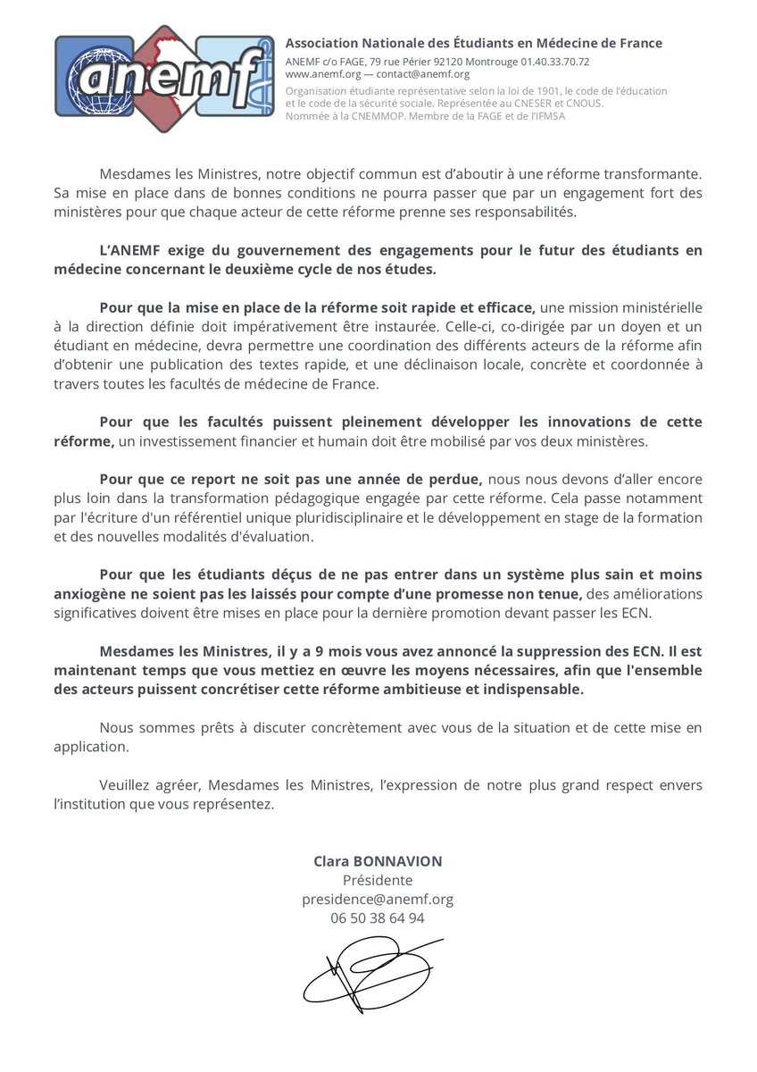 ANEMF's tweet photo. ✉️ Lettre ouverte de l'ANEMF aux ministres @agnesbuzyn et @VidalFrederique 
🛑 Report de la #R2C : Une promesse non tenue, il est urgent de mettre les moyens pour cette réforme par respect pour les étudiants à qui l'on a promis un échappatoire aux ECN.
🔎 https://t.co/vo9oxYMcfN https://t.co/5Rb8R7K8Dt