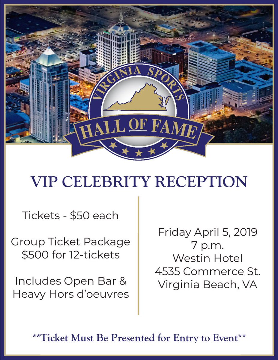 VaSportsHoF's tweet photo. Less than 3-weeks until #2019InductionWeekend, and there are currently no 🎟️available for the Induction Ceremony! We have 2 other events planned to celebrate the Class of 2019; a VIP Reception, and a Breakfast with Champions. https://t.co/lCCGecgA2g https://t.co/cf3cRghWV2