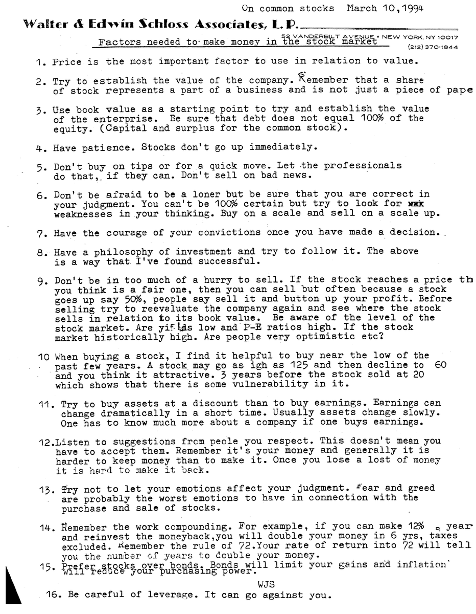 cigarrfimpar's tweet image. Factors Needed to Make Money in the Stock Market (W. Schloss, 1994).

Still to this day, one of the best investing checklists ever made.