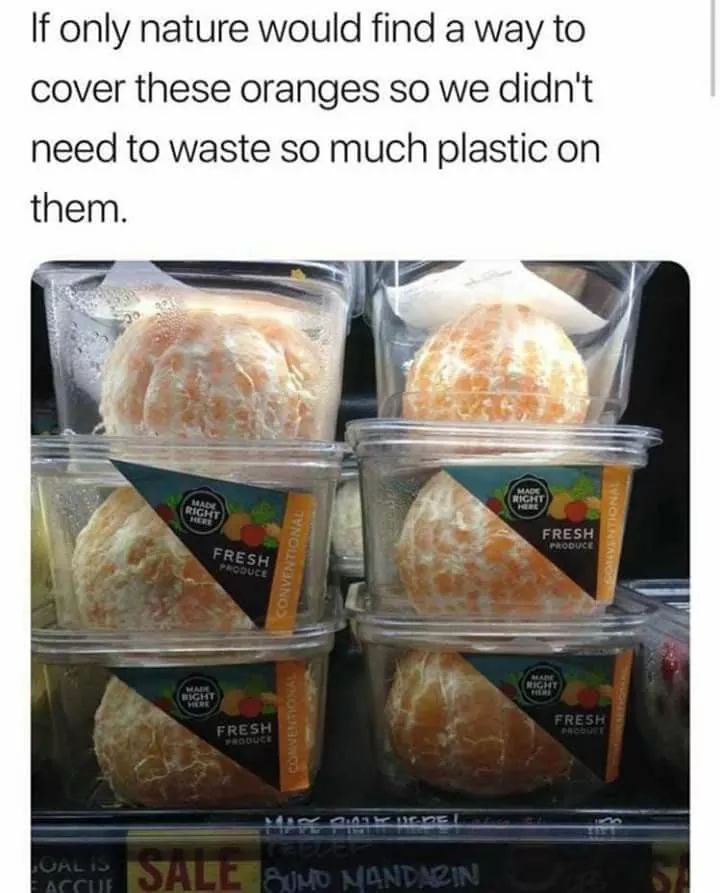 Shocking... If only the Orange had some sort of protective peel, there wouldn't be any need for the plastic container... 🤦‍♂️🤦‍♂️