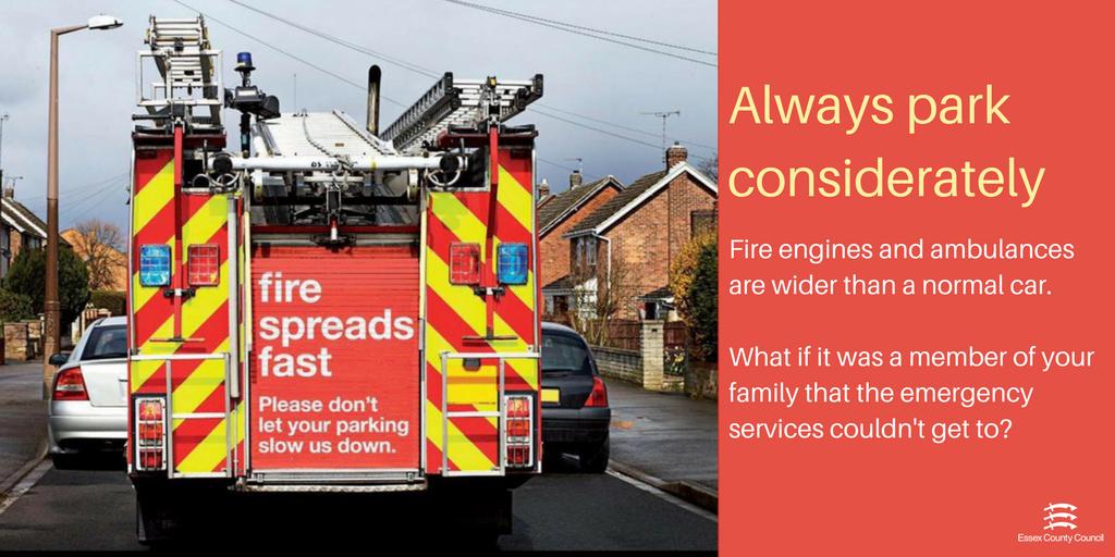 Always remember to park considerately! Don't hold up our colleagues at <a href="/ECFRS/">Essex Fire Service</a> <a href="/EastEnglandAmb/">EEAST Ambulance Service</a> <a href="/EssexPoliceUK/">Essex Police</a>! Poor parking could cost lives!