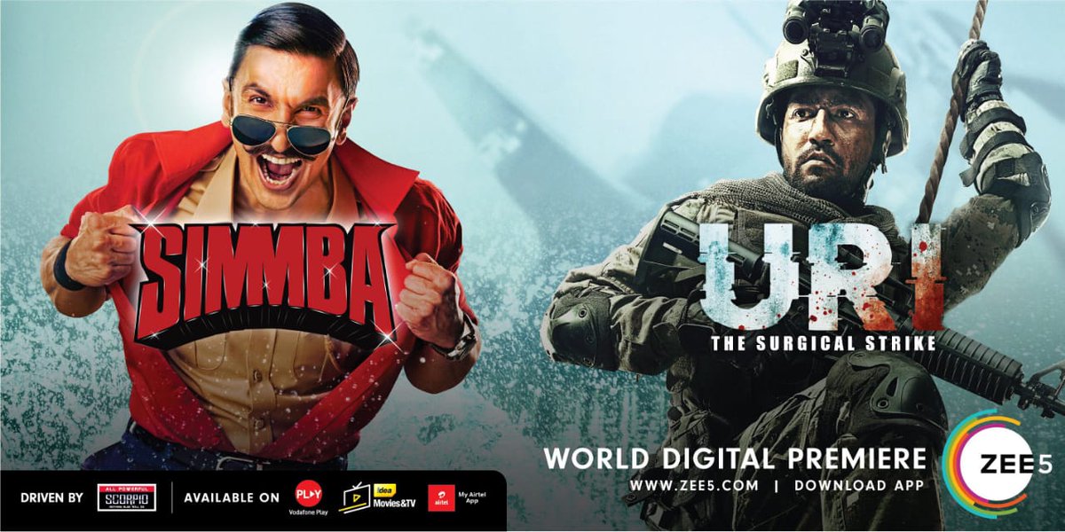 ZEE5Tamil's tweet photo. மிகப்பெரிய பாலிவுட் பிளாக்பஸ்டர்களின் #WorldDigitalPremier இதோ உங்களுக்காக! வரும் மார்ச் 19 அன்று #UriTheSurgicalStrike மற்றும் மார்ச் 21 அன்று #Simmba ஹிந்தியில் பிரத்யேகமாக உங்கள் #ZEE5 இல் காணத் தவறாதீர்கள். இன்றே சப்ஸ்க்ரைப் செய்யுங்கள் : https://t.co/HmJW9jHkCo
@ZEE5Premium https://t.co/HJs948Ptcl