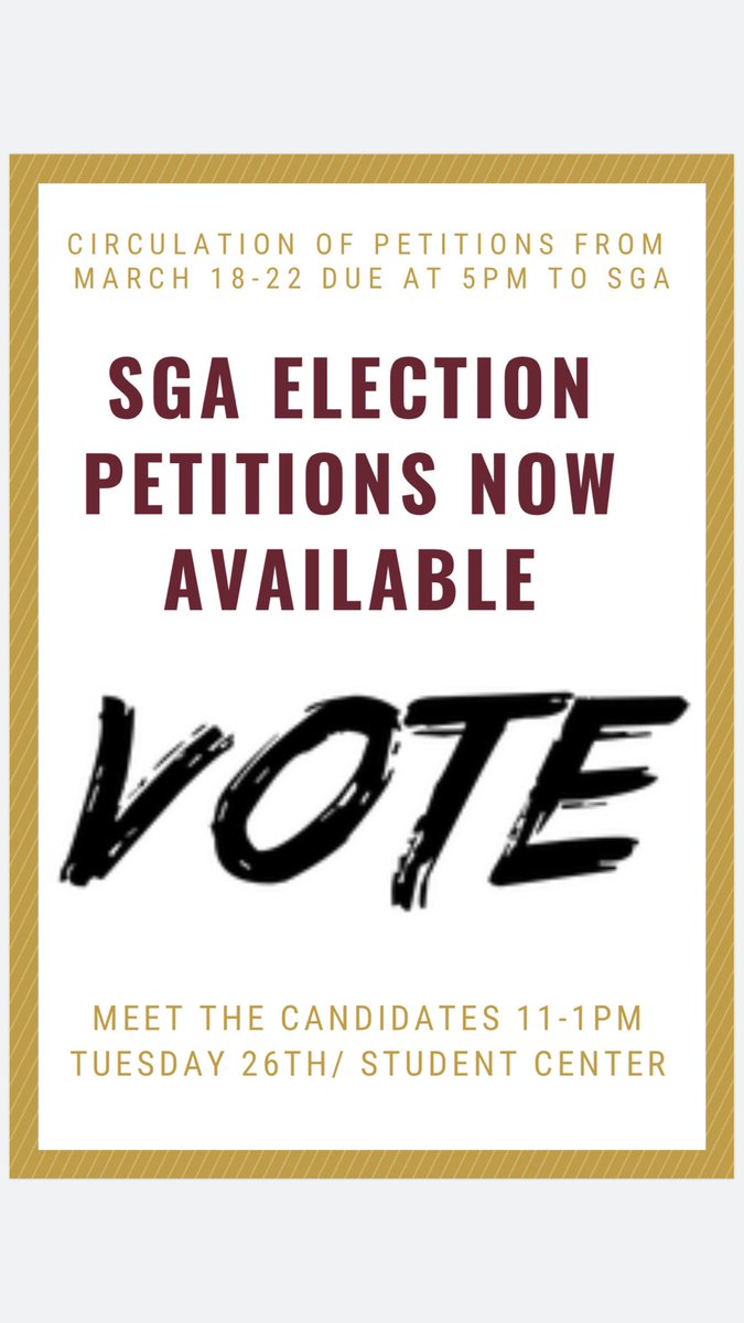 NSUStuGov's tweet photo. Petitions for the 2019/2020 NSU SGA Elections are now available! Stop by our office in the Student Center to learn more about SGA and pick up a petition! #NorthernStateU https://t.co/Tr4UlWz21F