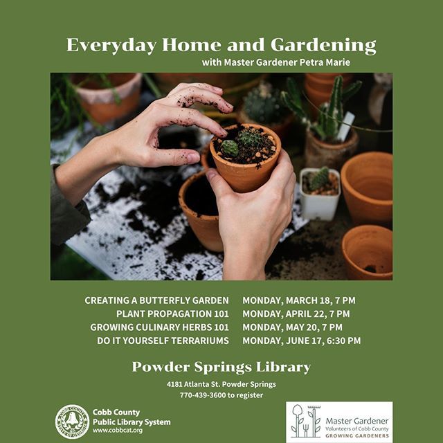 cobblibrary's tweet photo. See you tonight at 7 pm #PowderSpringsLibrary for Creating a Butterfly Garden with Master Gardener Volunteers of Cobb County's Petra Marie!
.
#butterflies #butterflygarden #gardening #garden #ugacobbextension #cobbmastergardeners #libraryprogram #cobblib… https://t.co/6LAHBRALOu https://t.co/4IlItIIzON