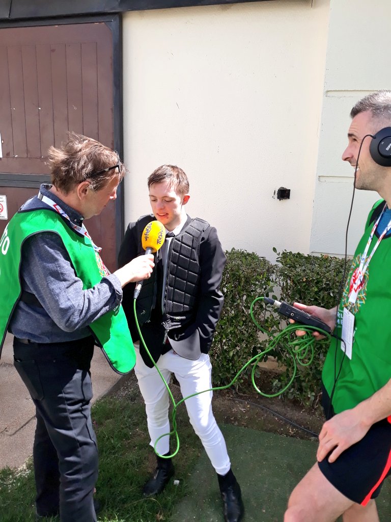 EquestrianSoi's tweet photo. @TodayFM supporting the @soireland Equestrian team today @alforsan_resort Megan &amp; Sally explaining to @IanDempsey what English Equitation is all about! Lee talking about his gold medal for Working Trails #TeamIreland #AbuDhabi2019 #todayfm https://t.co/rePIAgXmQJ