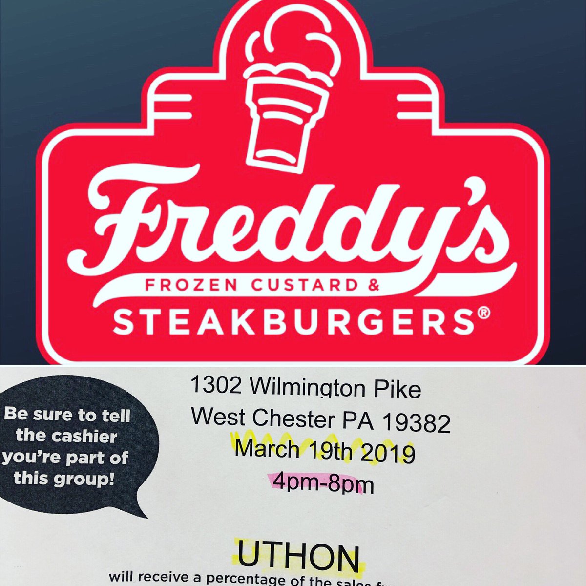 FaithDilworth's tweet photo. Join us tomorrow night at Freddy’s! UTHON gets a percentage of sales, let them know you’re supporting us! #uthon #uthon2019 @FreddysUSA https://t.co/PBlgLrM2Bf