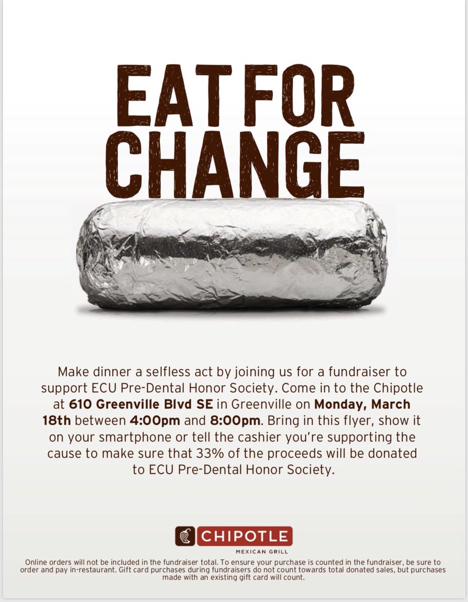Come support the Pre-Dental Honor Society at chipotle tonight from 4-8! Bring the whole fam 😄😄 #predentalpirates #Chipotle