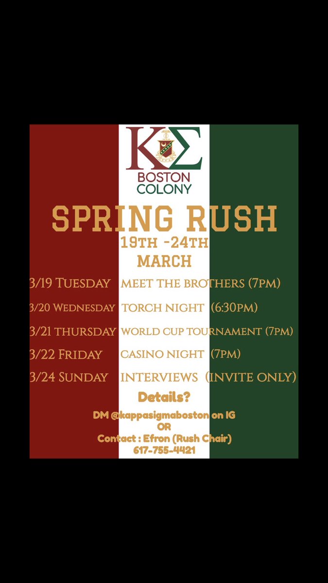 KappaSigBoston's tweet photo. Rush starts tomorrow!!!! This is the last chance to rush the fraternity this school year! Don’t miss out! #ΚΣ #rushΚΣ https://t.co/uExj1a0pBD