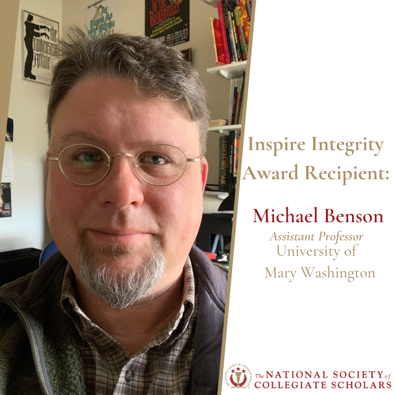 NSCS's tweet photo. Congratulations to Michael Benson, assistant professor at the University of Mary Washington, for receiving the NSCS' Inspire Integrity Award for making a significant impact on the lives of his students!
#NSCSIntegrity #NSCS #InspireIntegrityAward #MaryWash https://t.co/UcGOOWH1SV