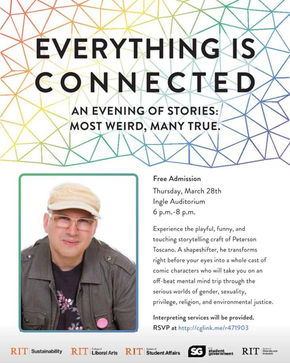RITgreen's tweet photo. Performer Peterson Toscano will be coming to RIT's campus next week to do a series of events, including his very special "Everything is Connected"! To see a performance like no other, make sure you RSVP at https://t.co/zIzPZSTxH2 to secure your spot today! https://t.co/a84x6OmXCM