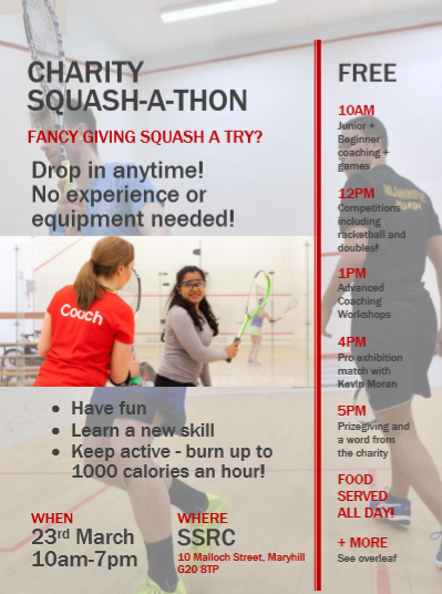 gusquash's tweet photo. FREE CHARITY SQUASH EVENT - ALL ABILITIES AND AGES WELCOME!
Sat 23 March 1000-1700 @ SSRC, Maryhill, G20 8TP
- Free coaching/games for juniors and beginners!
- Fun competitions and prizes!
- Pro exhibition match!
Schedule: https://t.co/C69JXFRG4s
@PEPASSGlasgow @SSRCGlasgow https://t.co/33IcvvKYnF