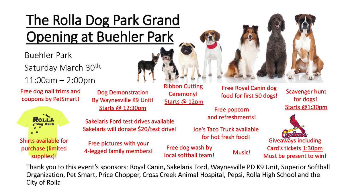 RollaParksMO's tweet photo. The Grand Opening for the Dog Park is Saturday, March 30. Come out and join in the fun. https://t.co/Rr7lz8NSZO