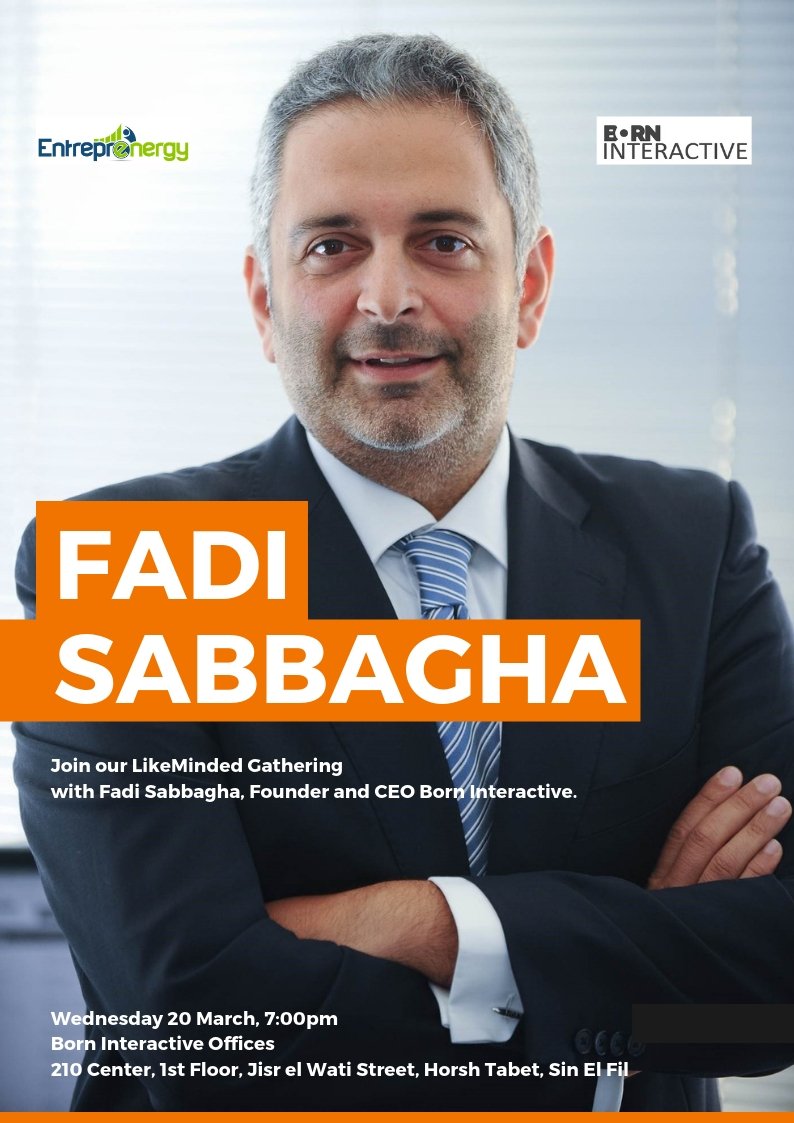 Join our LikeMinded Gathering with @FadiSabbagha Founder and CEO @BornInteractive this Wednesday at their offices starting 7pm.

For more info join <a href="/Entreprenergy/">Entreprenergy</a> Community on entreprenergy.com/fb

#Lebanon #Entrepreneurs #Networking #Success #Business