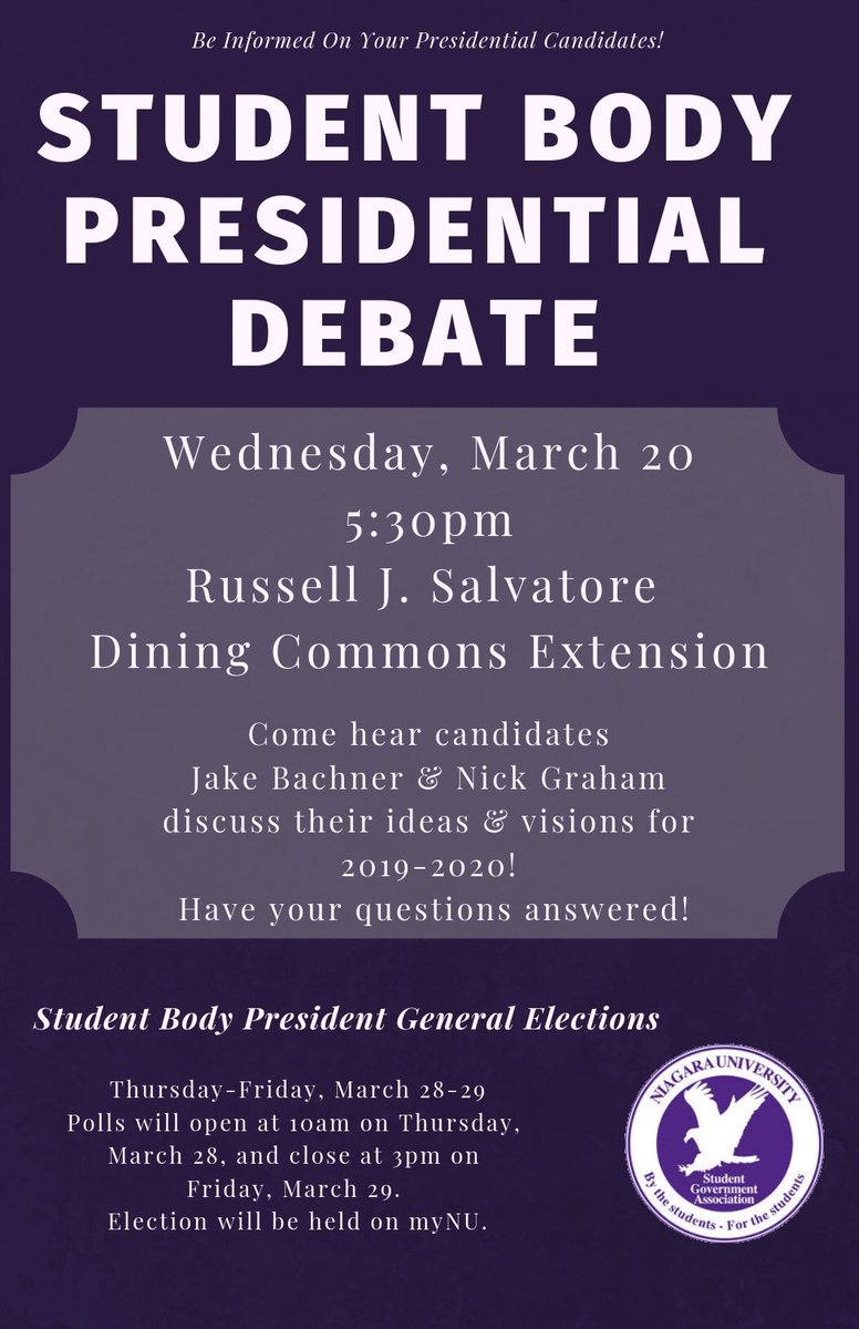 🗳Presidential Elections🗳
Stay informed and up-to-date with our Student Body President Elections timeline!
🦅
Up next...
🗣PRESIDENTIAL DEBATE🗣
This Wednesday, March 20
5:30pm in the Dining Commons Extension!
Hear from your candidates, Jake Bachner and Nick Graham‼️