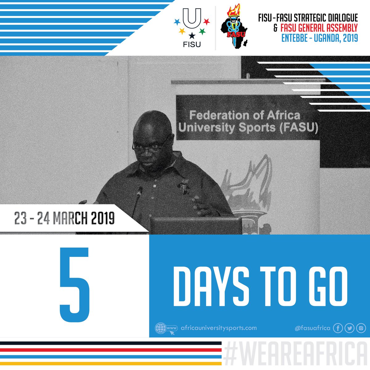 fasuafrica's tweet photo. 5⃣ is our magic number today! Know why? It's the number of Presidents FASU has had since its genesis. 😎

It's also 5 days to the FISU-FASU Strategic Dialogue &amp; Elective General Assembly! 💃

#WeAreAfrica https://t.co/vLpzDd5i7r
