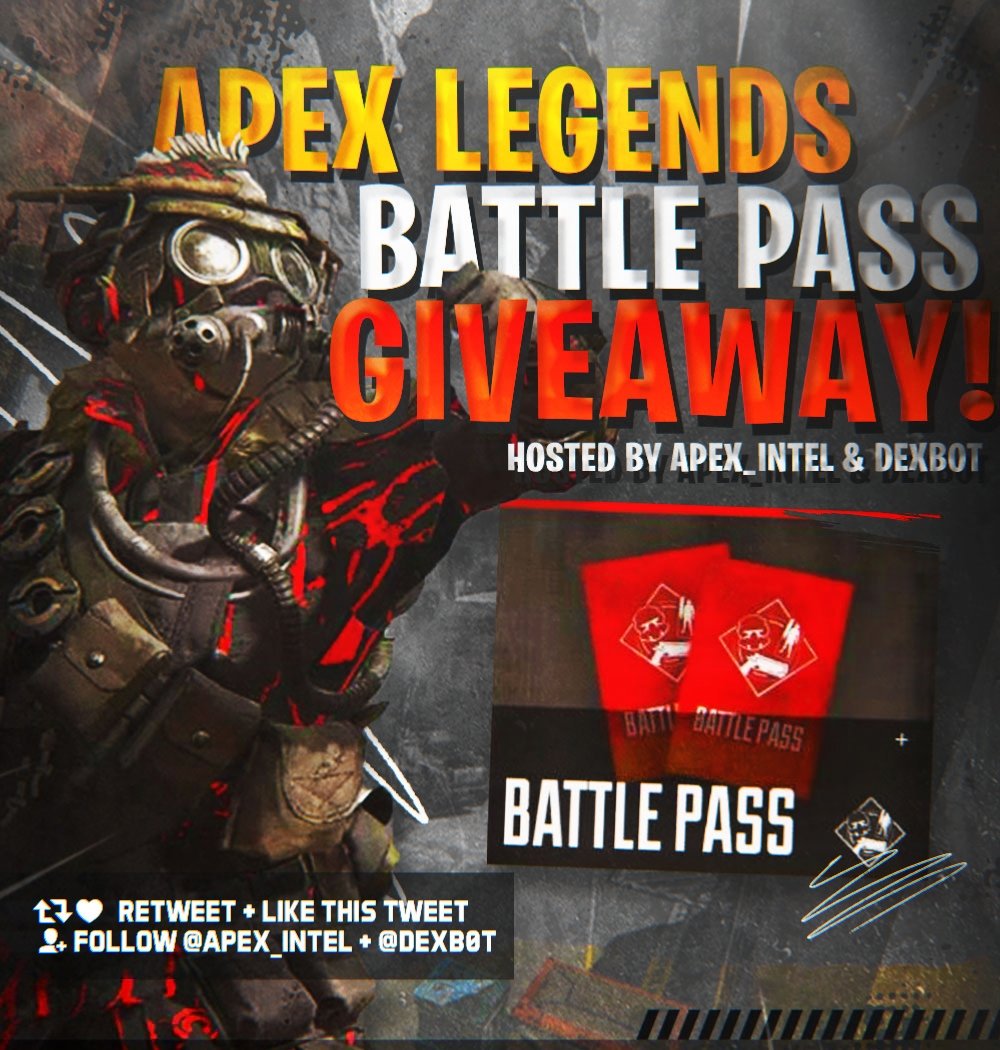 Season 1 Battle Pass giveaway 📣 Do you want to win a free battle pass for #ApexLegends season 1? 🔁 RETWEET & LIKE this post ✔ Follow @apex_intel + @DEXB0T 👥 Tag THREE friends
