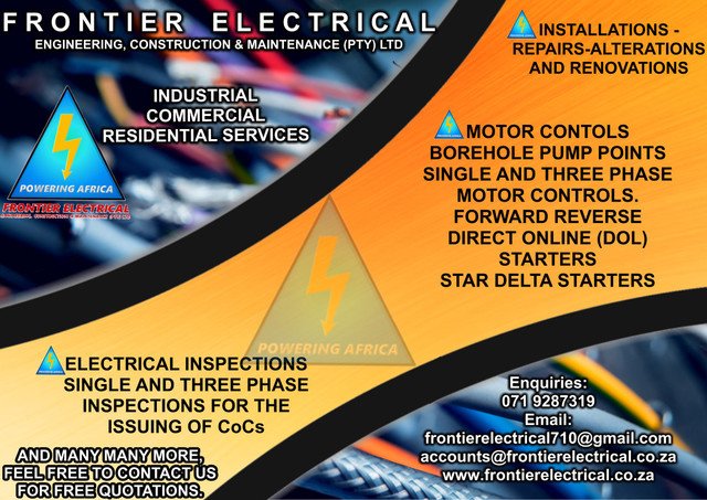Toonkind's tweet photo. We at the Frontier Team promise quality workmanship for our clients based on our expertise 
*INSTALLATIONS
*COUNCIL AND PRIVATE PREPAID METRES
*ELECTRICAL INSPECTIONS
*MOTOR CONTOLS
We cover the whole of #CapeTown area feel free to contact us for your free quotation today… https://t.co/2suALKwbTe