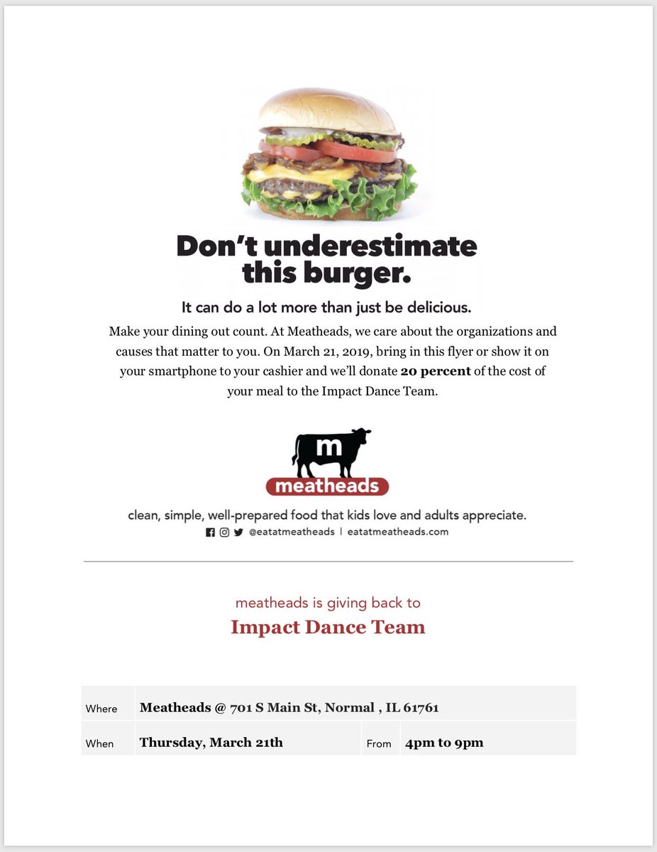 This Thursday, March 21st from 4-9pm Meatheads will be donating 20% of your meals cost to Impact Dance Team! All you have to do is show them this flyer! C’mon now who doesn’t love a good burger?💜🍔