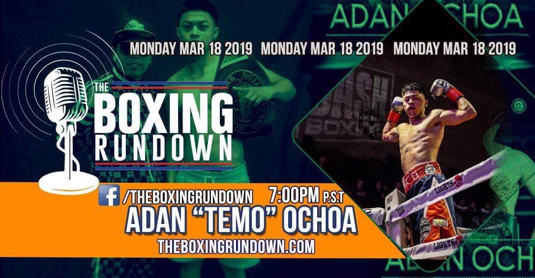 BoxingROKus's tweet photo. Tonight on another Episode of #TheBoxingRundownShow we have #AdanOchoa joining us as we talk about his upcoming fights, plus weekend breakdown. We go live at 7pm PST-10pm EST. On #TheBoxingRundown Facebook Page or https://t.co/V3aXzs0bJt Also have your comments & questions ready https://t.co/wXRSFTK7lN