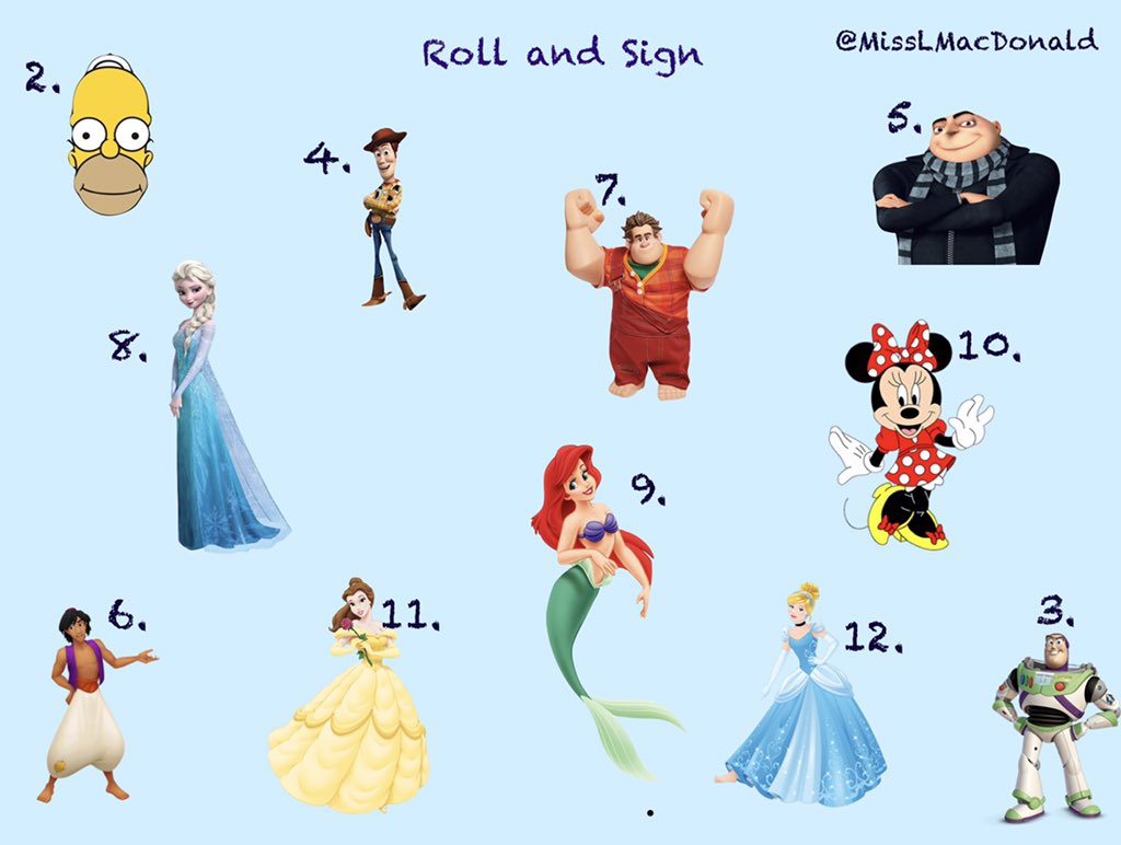 MissLMacDonald's tweet photo. It’s Sign Language Week! 👐🏼

Why not take some time to learn the BSL Finger Spelling alphabet with your class? 

I created this ‘Roll &amp; Sign’ game using the Keynote App! Roll the dice, find the number &amp; picture &amp; sign the character’s name! ❤️ #SignLanguageWeek #DigiLearnScot https://t.co/4YGdo65VBC