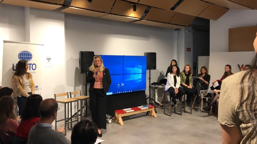 Our Head of Communications <a href="/AlouMANDA/">Amanda Louise Skaar</a> giving welcome remarks at our joint event on #WomeninTourism with the <a href="/UNWTO/">UN Tourism</a> #IEWomen #weareie #gender