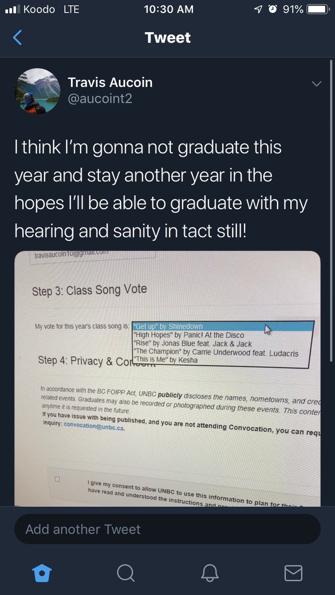 aucoint2's tweet photo. Social work has taught me to be the change I want to see in the world! So I’m launching a campaign to change literally all the options for the 2019 convocation songs for UNBC as none of them represent the values of my generation! #unbcconvocation #unbc https://t.co/Nm97xlKQIn