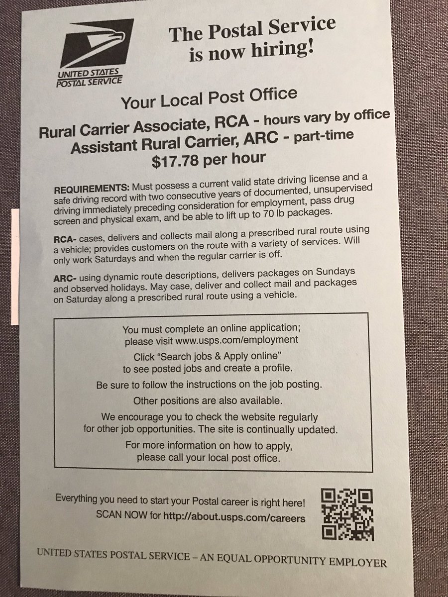 Looking for work?  Stop by your local post office today!!!