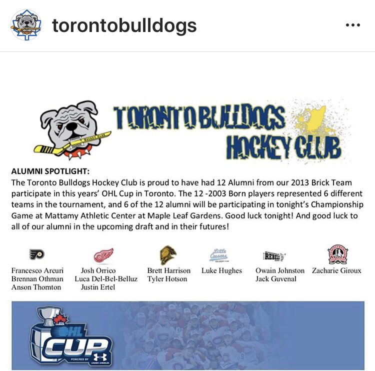 HotsonTyler's tweet photo. Good luck tonight boys! 🏒🥅@TBulldogsHockey @BOthmann78 @FArcuri13 @JoshOrrico03 @lucadelbel_ @justin_ertel https://t.co/T9L8Jhcyrz