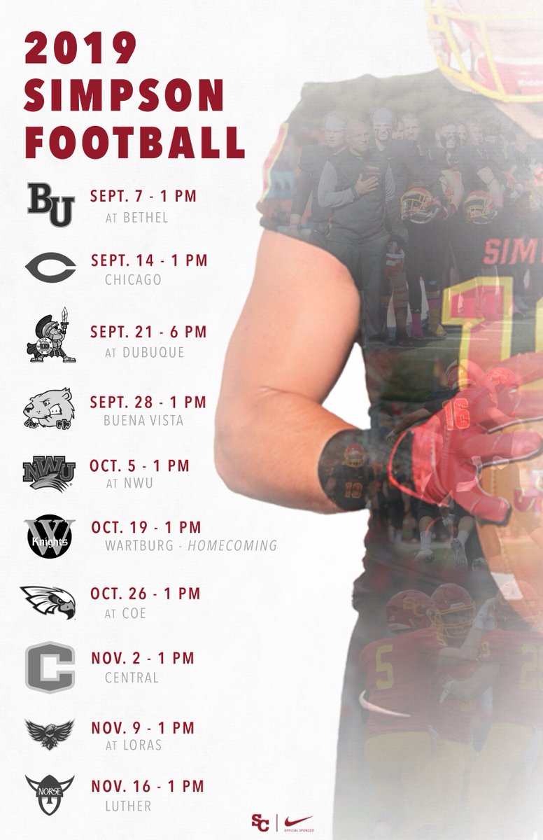 Head coach Matt Jeter and the <a href="/scstormfootball/">Simpson Football ⚡️</a> team have released their 2019 schedule! The Storm will have 10 games, with five of those held at Buxton Stadium.

📰 bit.ly/2WeJQ7F

#RollRiversFB | #d3fb