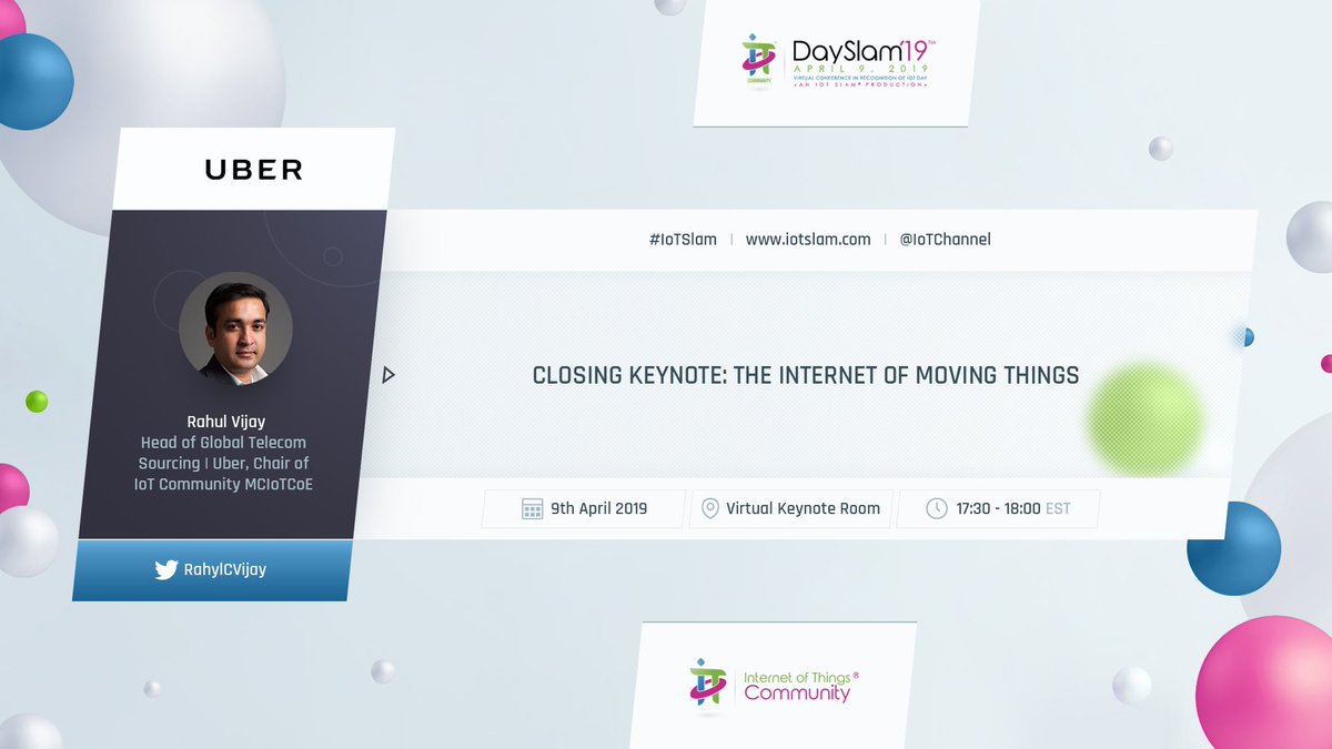 IoTchannel's tweet photo. The #IoTCommunity is thrilled to announce @RahulCVijay of @Uber to present at the #IoTDaySlam event, April 9th. https://t.co/nQxaMqi6gc "The Internet of Moving Things". 

#IoTDay #IoTSlam #IoTDay2019 #IoMT #InternetofThings #WorldIoTDay #AI #SmartCity #MCIoTCoE #Collabiration #UX https://t.co/Ec7KdCNHqO