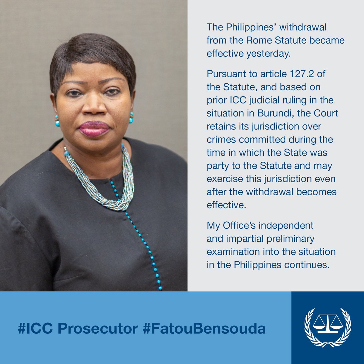 IntlCrimCourt's tweet photo. #ICC Prosecutor #FatouBensouda: “Our independent &amp; impartial preliminary examination into the situation in The Philippines continues” https://t.co/6asrVqPAYM