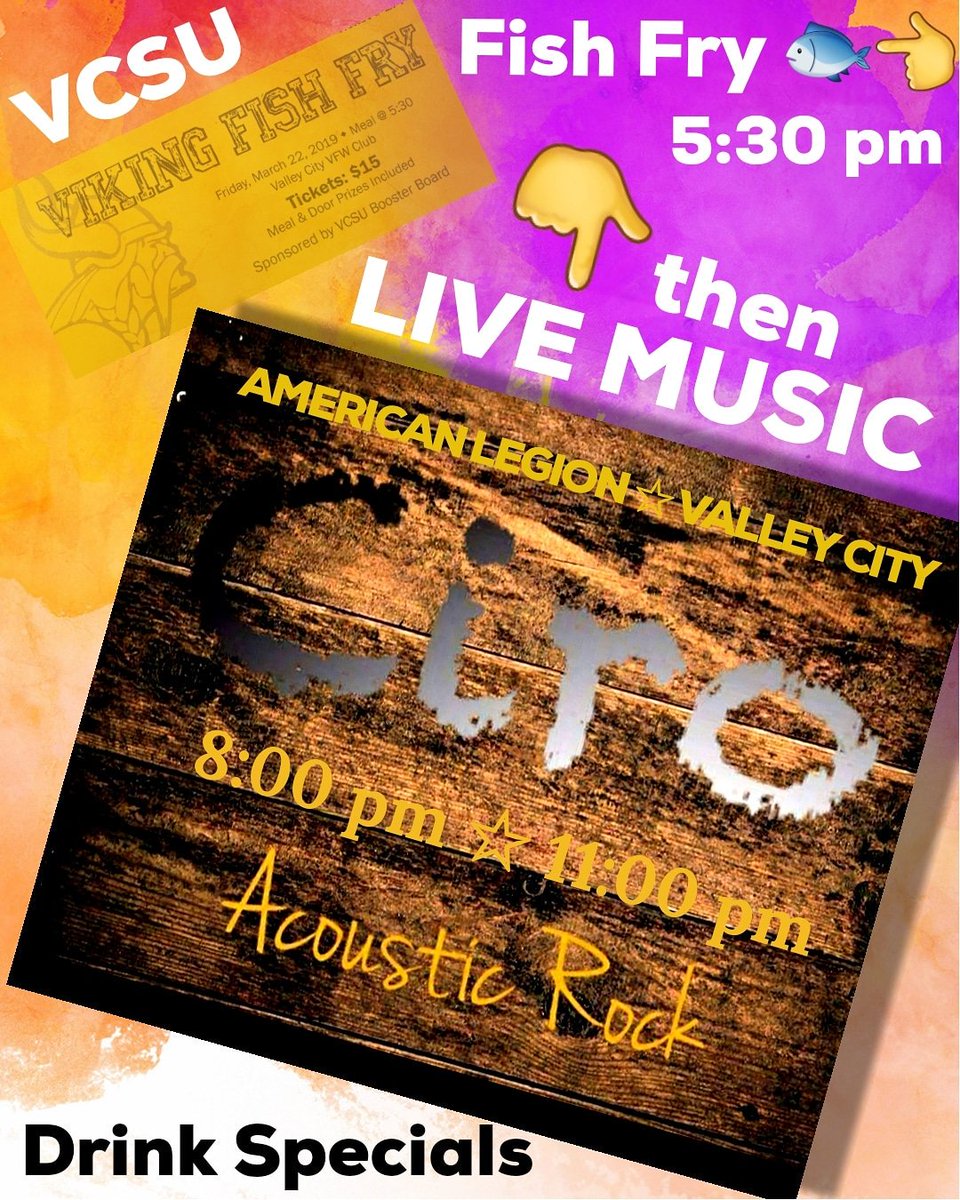 kellybennefeld's tweet photo. I know its only Monday, but get your plans in order for Friday!!! #LiveMusic #Ciro #AmericanLegion #Acoustic #FRIyay #bringID #DrinkSpecials #fishfry #vcsu @60Legion https://t.co/QKR7wtAhrH