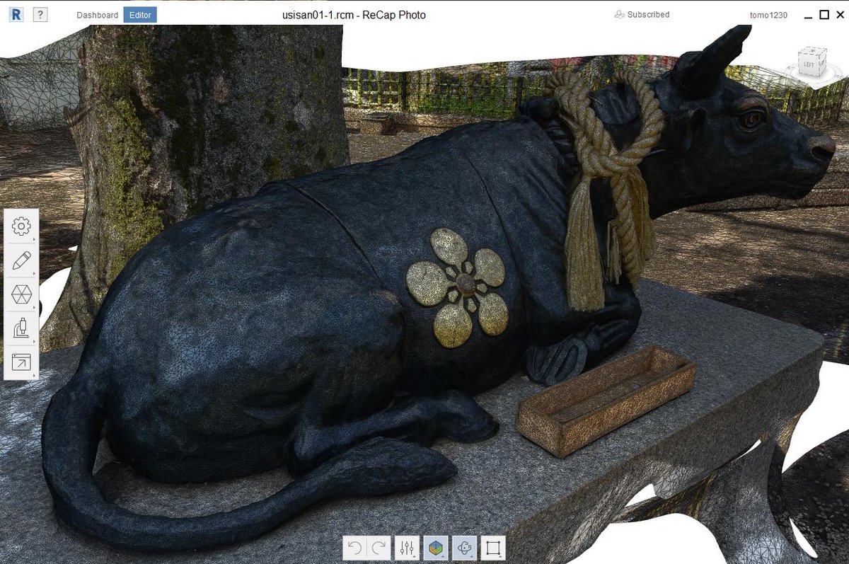 tomo1230's tweet photo. Fusion 360のクワッド変換で使っている
Autodesk Recap Photo v19.1 で
本来の使い方である
フォトグラメトリーをやってみた♪
よく見る牛神さん？を４２枚の写真から
３Ｄモデルにしてみました！
簡単にテクスチャ３Ｄモデルが
できることが分かった♪
でも写真撮ってるとき恥ずかしい笑
#RecapPhoto https://t.co/nNfADBwdwR